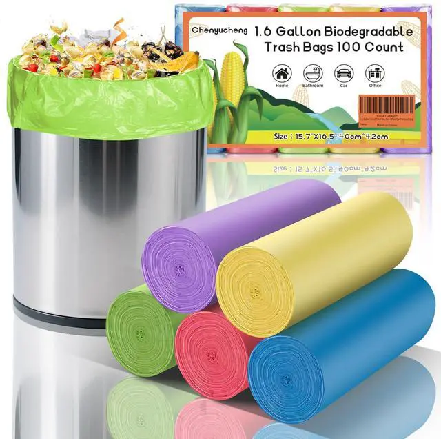 Main image of 1.6 Gallon Small Trash Bags For Bathroom - Colorful Mini Garbage Bags Fit 1.3-1.5GalBiodegradable 100 Count 6 Liter Unscented Tiny Waste Basket Liners Kitchen Office Car Chenyucheng