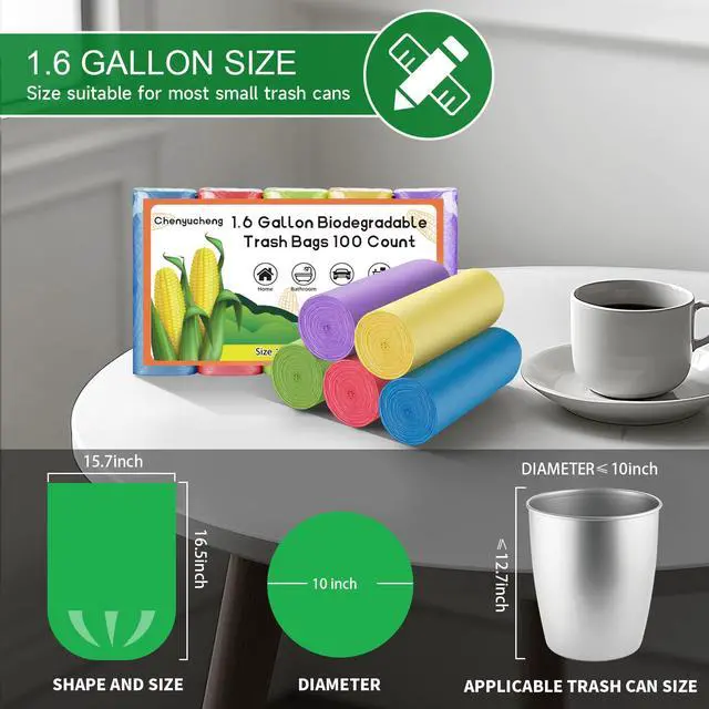 Alt view image 2 of 6 - 1.6 Gallon Small Trash Bags For Bathroom - Colorful Mini Garbage Bags Fit 1.3-1.5GalBiodegradable 100 Count 6 Liter Unscented Tiny Waste Basket Liners Kitchen Office Car Chenyucheng