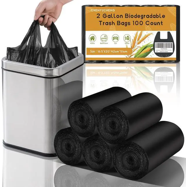 Main image of Small Bathroom Trash Bags 2 Gallon - Black Mini Garbage Bags With Handle Biodegradable Compostable 100 Count Kitchen Office Car Little Waste Basket Unscented Tiny Liners Strong Thick Chenyucheng