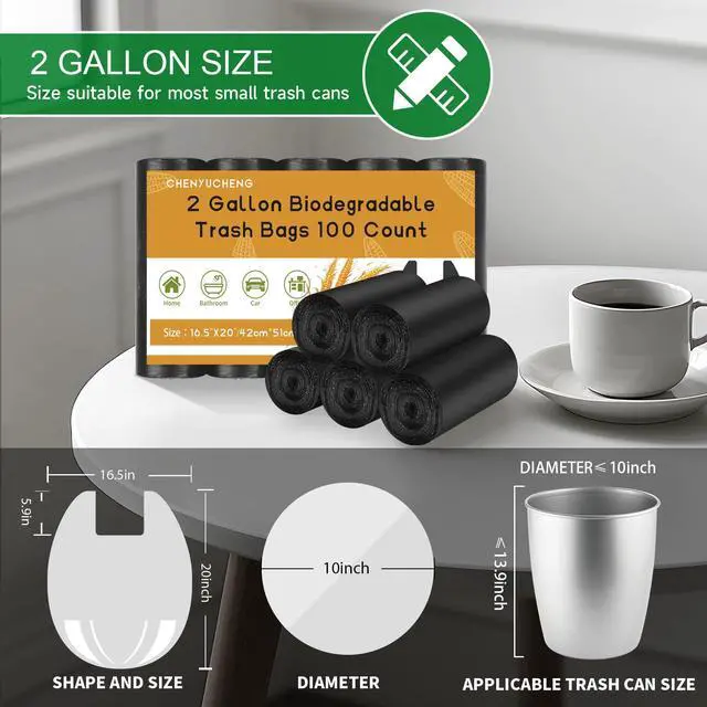 Alt view image 3 of 7 - Small Bathroom Trash Bags 2 Gallon - Black Mini Garbage Bags With Handle Biodegradable Compostable 100 Count Kitchen Office Car Little Waste Basket Unscented Tiny Liners Strong Thick Chenyucheng