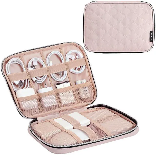 Main image of Portable Travel Cable Organizer Bag, Tech Storage Bag for Cord, Charger, Phone, Earphone, Hard Drive, USB, SD Card and Electronic Accessories, Pink