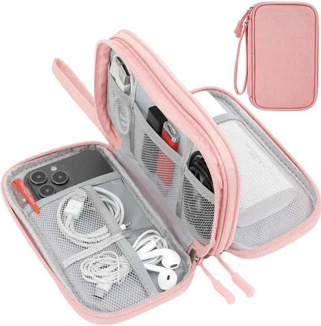 Main image of Electronic Cable Organizer Bag, Travel Electronic Accessories Carry Case Portable Waterproof Double Layers Storage Bag for Cable, Cord, Charger, Power Bank, Earphone (Light Pink, Medium)