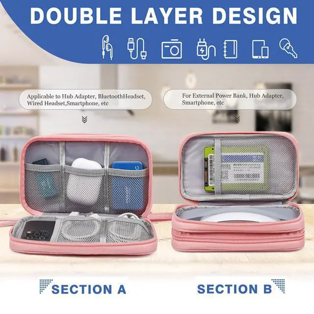 Alt view image 4 of 7 - Electronic Cable Organizer Bag, Travel Electronic Accessories Carry Case Portable Waterproof Double Layers Storage Bag for Cable, Cord, Charger, Power Bank, Earphone (Light Pink, Medium)