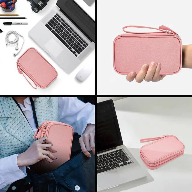 Alt view image 7 of 7 - Electronic Cable Organizer Bag, Travel Electronic Accessories Carry Case Portable Waterproof Double Layers Storage Bag for Cable, Cord, Charger, Power Bank, Earphone (Light Pink, Medium)