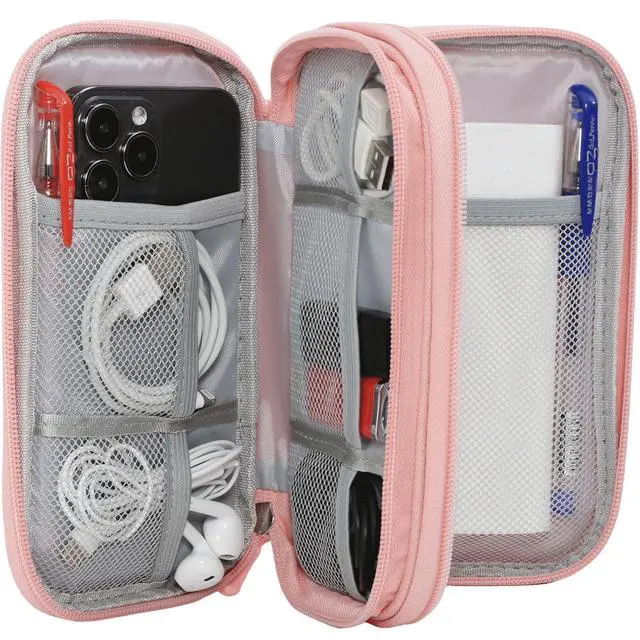 Alt view image 3 of 7 - Electronic Cable Organizer Bag, Travel Electronic Accessories Carry Case Portable Waterproof Double Layers Storage Bag for Cable, Cord, Charger, Power Bank, Earphone (Light Pink, Medium)
