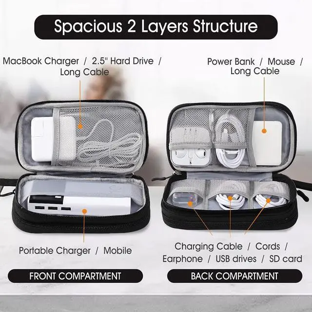 Alt view image 2 of 7 - Travel Electronic Organizer Pouch Bag, 3 Compartments Portable Electronic Phone Accessories Storage Multifunctional Case for Cable, Cord, Charger, Hard Drive, Earphone(Black)