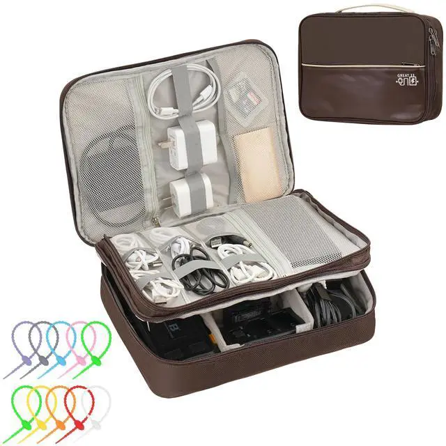 Main image of Electronics Accessories Organizer Bag, Waterproof Double LayerTravel Cable Organizer Case for Cords, Charger, Power Bank,Hard Drive, Mouse -Shockproof Tech Storage Pouch (Classic-two layers-Brown)