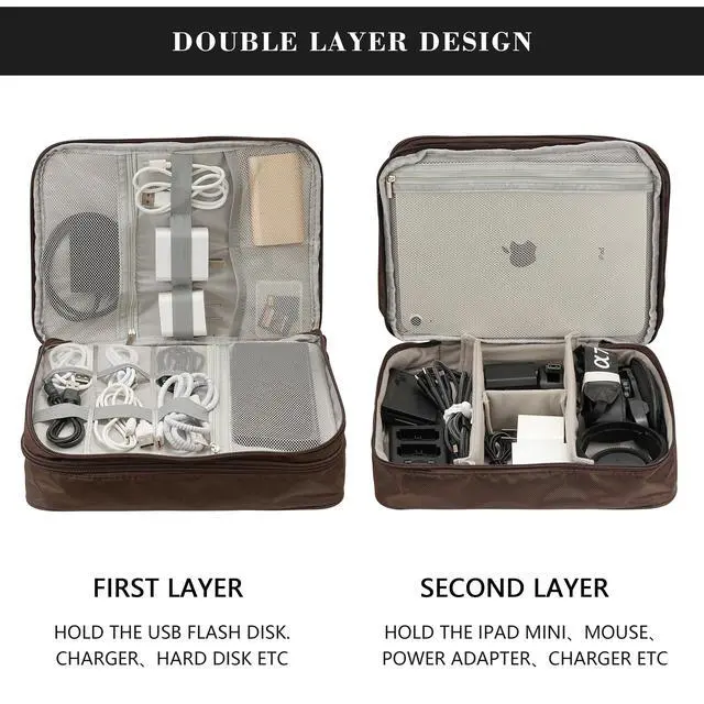 Alt view image 4 of 6 - Electronics Accessories Organizer Bag, Waterproof Double LayerTravel Cable Organizer Case for Cords, Charger, Power Bank,Hard Drive, Mouse -Shockproof Tech Storage Pouch (Classic-two layers-Brown)