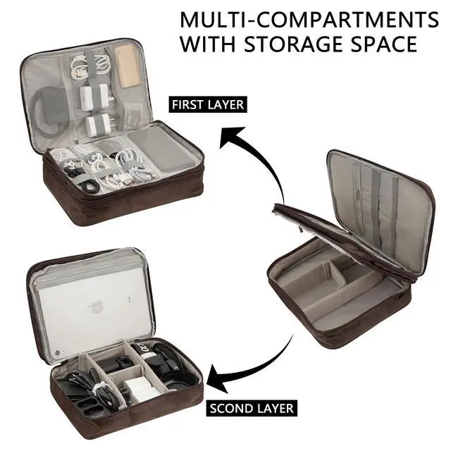 Alt view image 2 of 6 - Electronics Accessories Organizer Bag, Waterproof Double LayerTravel Cable Organizer Case for Cords, Charger, Power Bank,Hard Drive, Mouse -Shockproof Tech Storage Pouch (Classic-two layers-Brown)