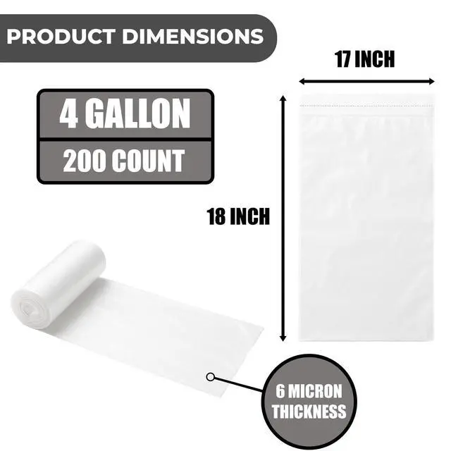 Alt view image 2 of 6 - 4 Gallon Clear Trash Bags, 200 Count 18" x 17" Small Wastebasket Liners for Bathroom, Bedroom & Office 6 Micron Unscented Plastic Bags for Everyday Lightweight Trash