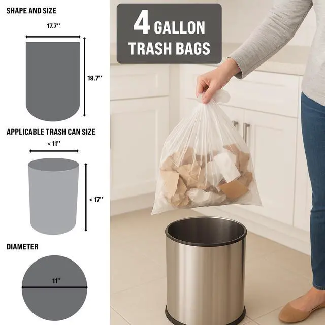 Alt view image 3 of 6 - 4 Gallon Clear Trash Bags, 200 Count 18" x 17" Small Wastebasket Liners for Bathroom, Bedroom & Office 6 Micron Unscented Plastic Bags for Everyday Lightweight Trash