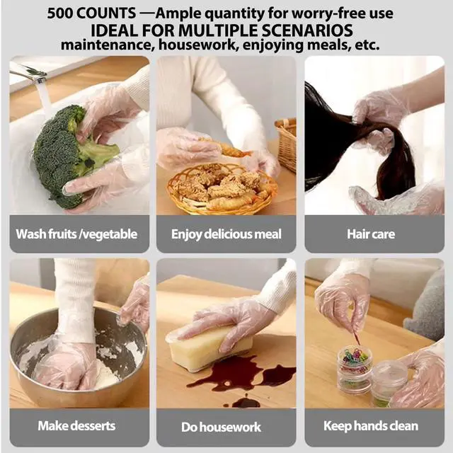 Alt view image 5 of 7 - 500 PCS Disposable Polyethylene Gloves, Clear, One Size Fits Most, Latex-Free, Ambidextrous, for Food Handling and General Purpose