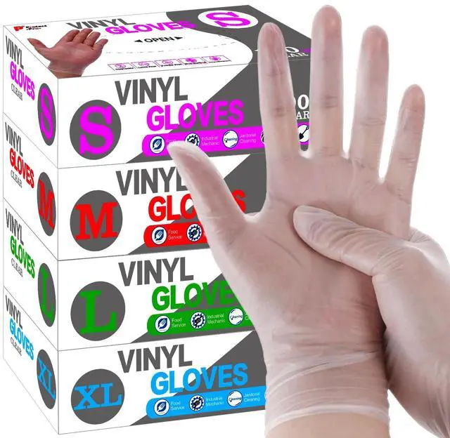 Main image of Disposable Vinyl Gloves, Powder-Free, Latex-Free, Non-Sterile, Food Safe, Nursing, Office, Kitchen, Pet Care, Cleaning, Housework, 4 mil, Clear, X-large, 100Pcs-Count