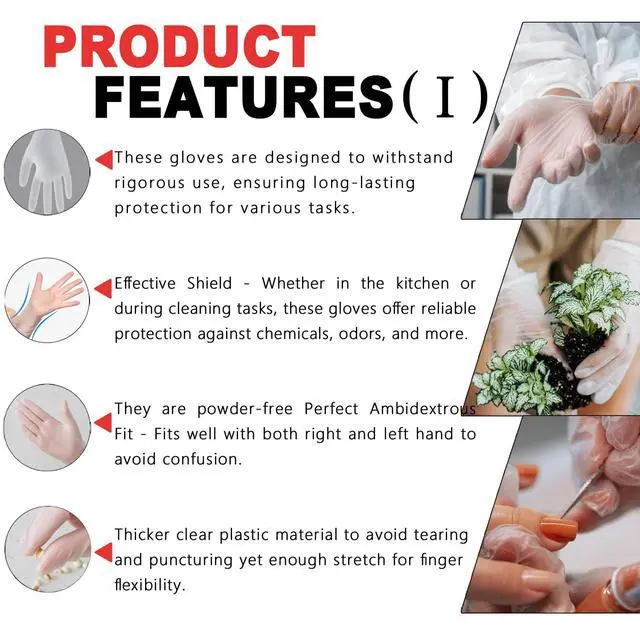Alt view image 3 of 7 - Disposable Vinyl Gloves, Powder-Free, Latex-Free, Non-Sterile, Food Safe, Nursing, Office, Kitchen, Pet Care, Cleaning, Housework, 4 mil, Clear, X-large, 100Pcs-Count