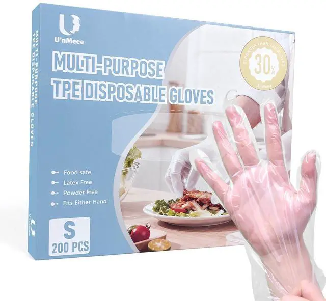 Main image of 200 PCS Disposable TPE Gloves - Clear/White Plastic, Food Safe, Latex-Free, Powder- (M)