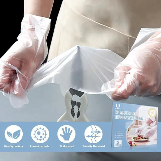 Alt view image 5 of 7 - 200 PCS Disposable TPE Gloves - Clear/White Plastic, Food Safe, Latex-Free, Powder- (M)
