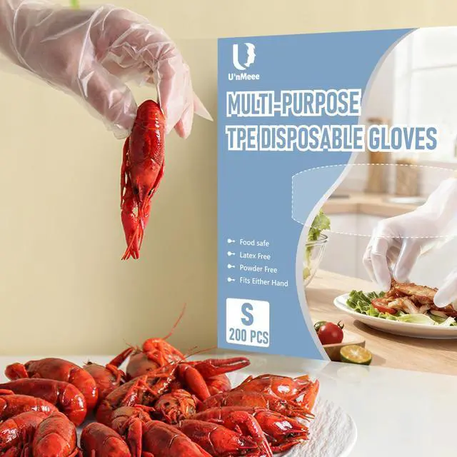 Alt view image 7 of 7 - 200 PCS Disposable TPE Gloves - Clear/White Plastic, Food Safe, Latex-Free, Powder- (M)