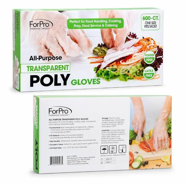 Alt view image 2 of 7 - ForPro Disposable Poly Gloves, Food Grade, BPA-Free, Latex-Free, Powder-Free, Lightweight Plastic Gloves for Cooking, Food Prep, Food Service, One Size Fits Most, Clear, 600-Count