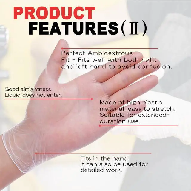 Alt view image 4 of 7 - Disposable Vinyl Gloves, Powder-Free, Latex-Free, Non-Sterile, Food Safe, Nursing, Office, Kitchen, Pet Care, Cleaning, Housework, 4 mil, Clear, X-large, 100Pcs-Count