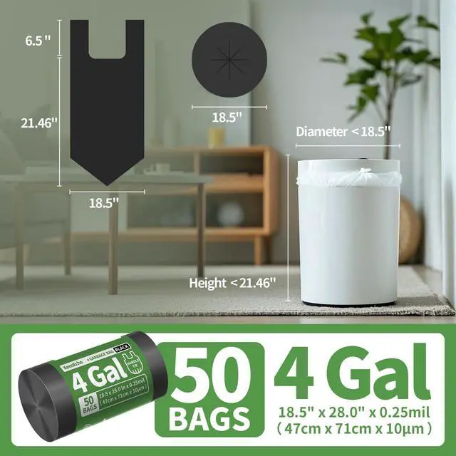 Alt view image 7 of 7 - Small Trash Bags with Handles - Ocean Plastic Upcycling - Plastic Garbage Bags, Can Bin & Waste Basket Liner for Kitchen, Bathroom, Office and Pets,4 Gallon 50 Count Black