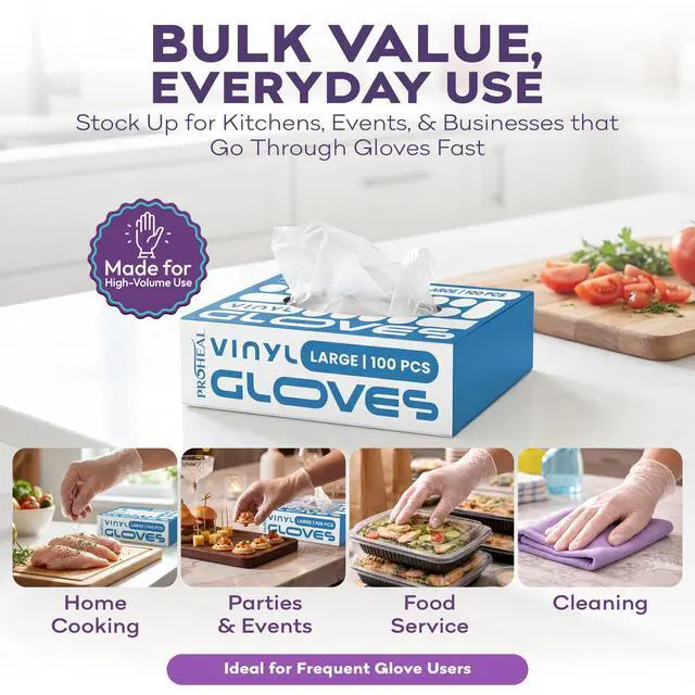 Alt view image 2 of 7 - Vinyl Disposable Gloves Medium - 100 Clear Food Safe Cooking and Household Cleaning Gloves - Powder Free and Latex Free Kitchen Glove for Meal Prep and Food Service