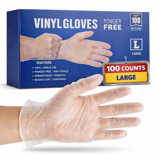 Main image of Vinyl Gloves, Plastic Disposable Gloves for Food Handling/Cleaning, Powder & Latex Free, Single Use, Clear, Large, 100 Pack