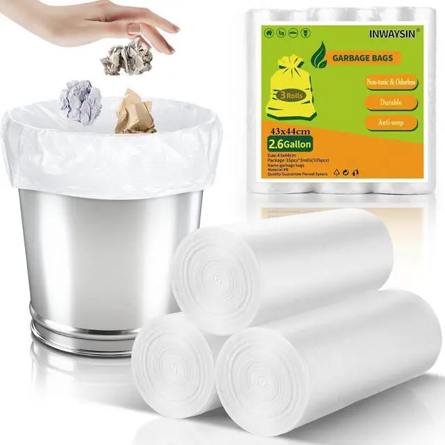 Main image of 2.6 Gallon Mini Clear Trash Bag - Small Garbage Bags For Bathroom Can 105 Count 10 Liter Plastic Unscented Tiny Waste Basket Little Liners Kitchen Office Car Strong Thick Bulk Inwaysin