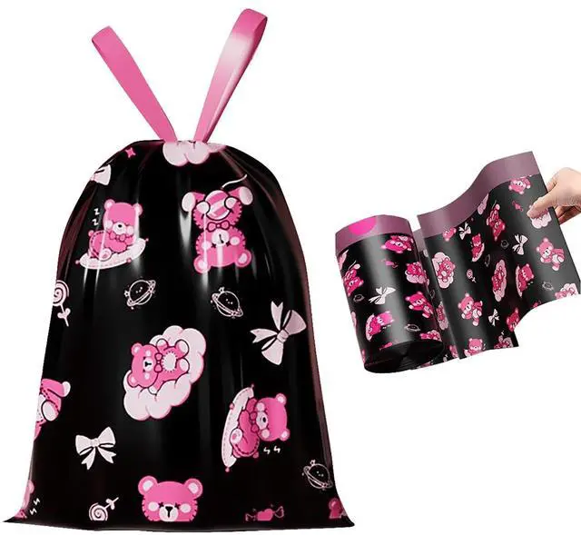 Main image of 50pcs 4 Gallon Trash Bags Drawstring Tear-Free Separated Plastic Can Liner for Bathroom Office Home Bedroom Small Garbage Basket Bags (Black Pink, 50Counts)