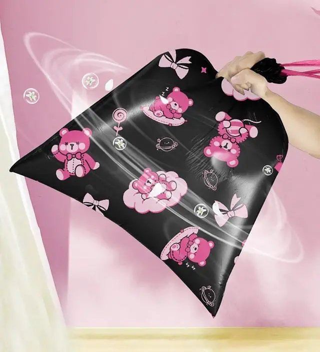 Alt view image 5 of 7 - 50pcs 4 Gallon Trash Bags Drawstring Tear-Free Separated Plastic Can Liner for Bathroom Office Home Bedroom Small Garbage Basket Bags (Black Pink, 50Counts)