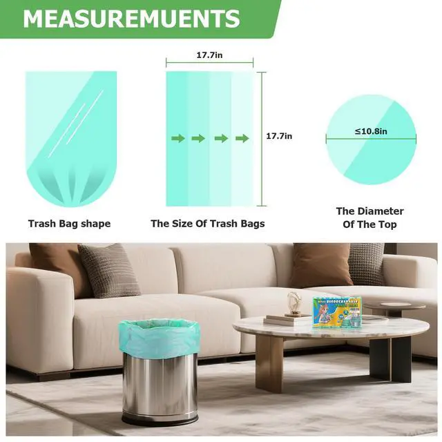 Alt view image 2 of 7 - 2.6 Gallon Small Trash Bags Bathroom - Green Mini Garbage Bags Biodegradable Compostable 100 Count 10 Liter Unscented Little Waste Basket Kitchen Office Car Tiny Liners Strong Thick Heihaily