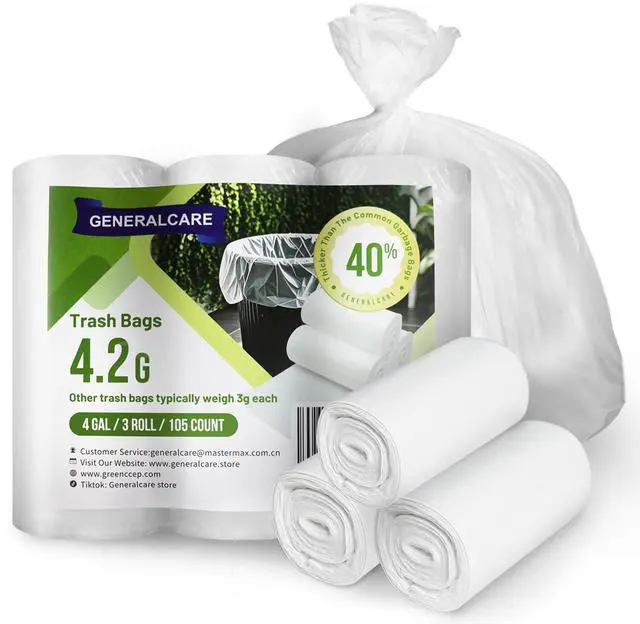 Main image of 4 Gallon Small Trash Bags 105 Count Tear & Leak Resistant Small Garbage Bags For Bathroom White Trash Can Liners - 40% Thicker competitor brands roll bags