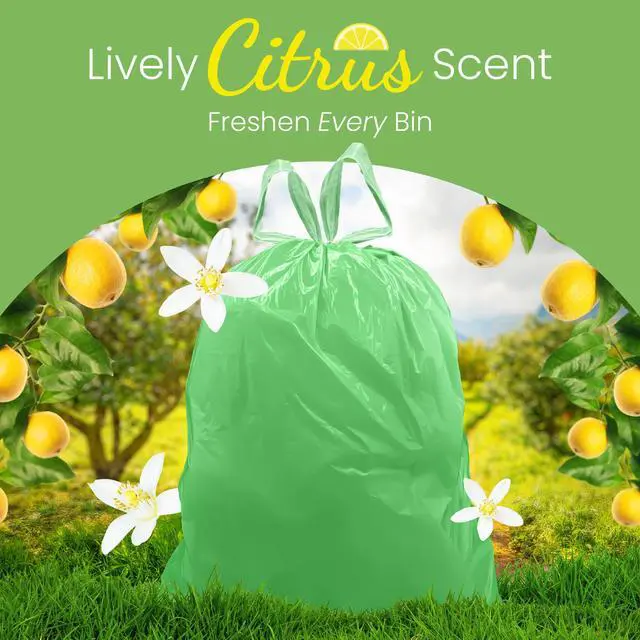 Alt view image 5 of 7 - 4 Gallon Trash Bags Drawstring (50 Count) | Citrus Scented Small Trash Bags | Garbage Liners for Bathroom Can | 2 Gal - 3 Gallon - 4 Gal Small Can Liners (Green)