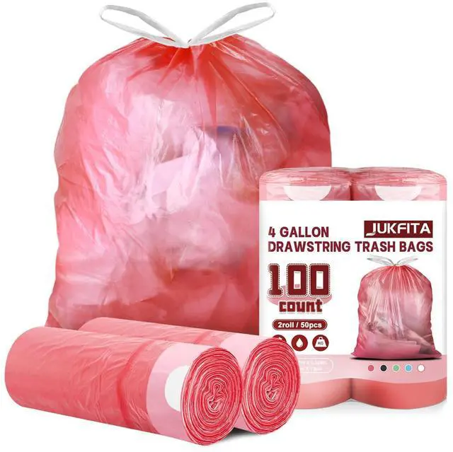 Main image of 4 Gallon Trash Bags Drawstring 100 Count, JUKFITA Extra Strong Small Garbage Bags, Unscented Trash Can Liners for Bathroom Restroom Office Kitchen, Red