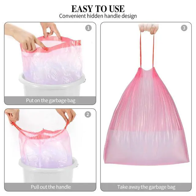 Alt view image 7 of 7 - 3Rolls Drawstring Small Trash Bags,4 Gallon Thicken Drawstring Small Garbage Bags for Kitchen,Bathroom,Bedroom,Home,Office Trash Cans60 Counts (Pink)