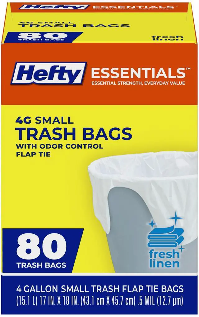 Main image of Essentials Flap Tie 4 Gallon Trash Bags, 80 Count, Small Scented Trash Bags for Bathrooms, Bedrooms, Dorm Rooms, Home Offices, and More, Fresh Linen Scent, White