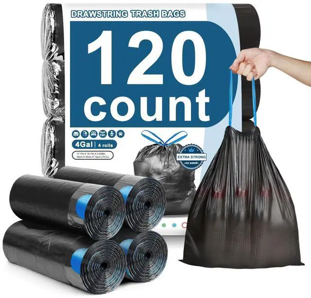 Main image of 120 Count-4 Gallon Trash Bags Drawstring, Black Small Garbage Bags, JUKFITA Unscented Trash Can Liners, Strong Wastebasket Liner for Bathroom Toilet Office Bedroom
