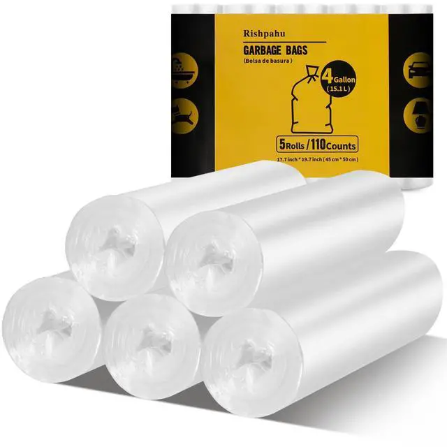 Main image of Small Trash Bags 4 Gallon, Flexible & Durable, Scent Free & Easy Tear, Transparent, 110 Counts, 0.3 Mil