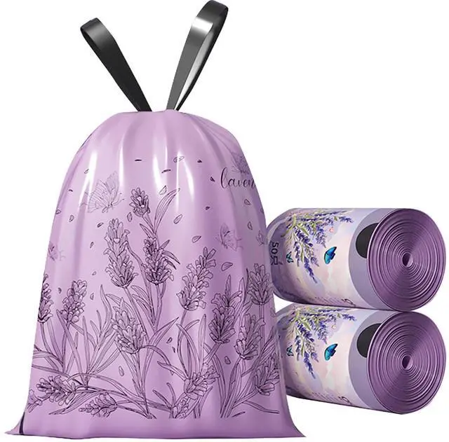 Main image of 100pcs 2.6 Gallon Small Trash Bags Tearing-Free Drawstring for Bathroom Office Home Bedroom Trash Can with Purple Lavender Printed Garbage Basket Bags (2.6 Gallon Purple, 100 Count)