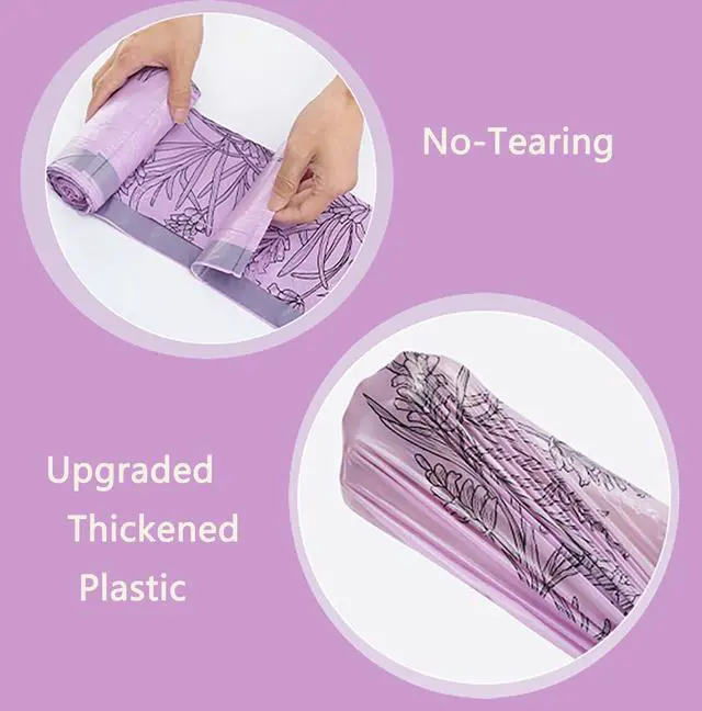 Alt view image 3 of 7 - 100pcs 2.6 Gallon Small Trash Bags Tearing-Free Drawstring for Bathroom Office Home Bedroom Trash Can with Purple Lavender Printed Garbage Basket Bags (2.6 Gallon Purple, 100 Count)