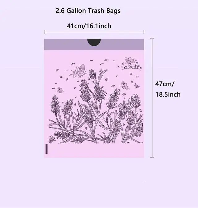 Alt view image 4 of 7 - 100pcs 2.6 Gallon Small Trash Bags Tearing-Free Drawstring for Bathroom Office Home Bedroom Trash Can with Purple Lavender Printed Garbage Basket Bags (2.6 Gallon Purple, 100 Count)