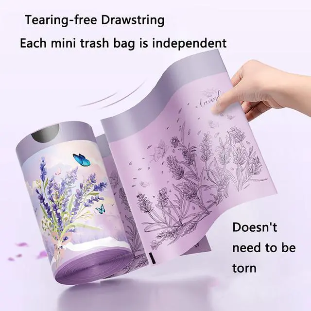 Alt view image 6 of 7 - 100pcs 2.6 Gallon Small Trash Bags Tearing-Free Drawstring for Bathroom Office Home Bedroom Trash Can with Purple Lavender Printed Garbage Basket Bags (2.6 Gallon Purple, 100 Count)