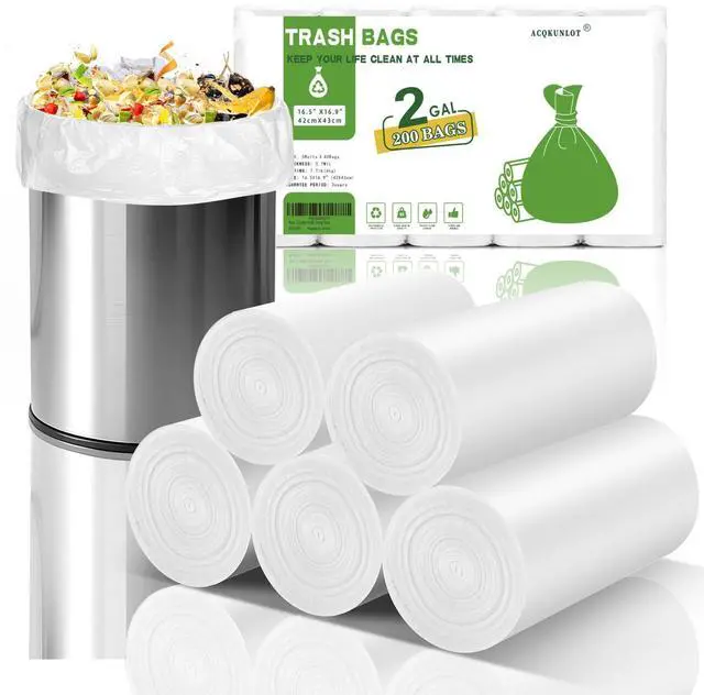 Main image of 2 Gallon Small Bathroom Trash-Bags - Mini Garbage Bags Biodegradable White Trash Can Liners 200 Count Kitchen Office Car Little Waste Basket Unscented Tiny Strong Thick