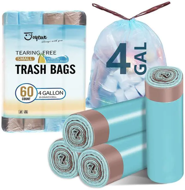 Main image of 4 Gallon Small Trash Bags, No-Tearing Drawstring Garbage Bags for Bathroom Kitchen, Beachside Breeze Scent, 60 Count