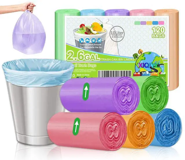 Main image of Small Garbage Bags 2.6 Gallon Colorful Biodegradable Trash Bags,120 Counts Bathroom Garbage Bags Unscented Wastebasket Liners for Office, Bedroom,Living Room 7-10L