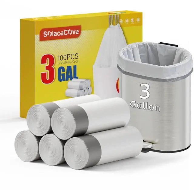 Main image of Trash Bags with Drawstring Handles,1.6-3 Gallon Small Garbage Bags for Bathroom,100 Count Heavy Duty Kitchen Garbage Bag for Home Office,Odor Resistant