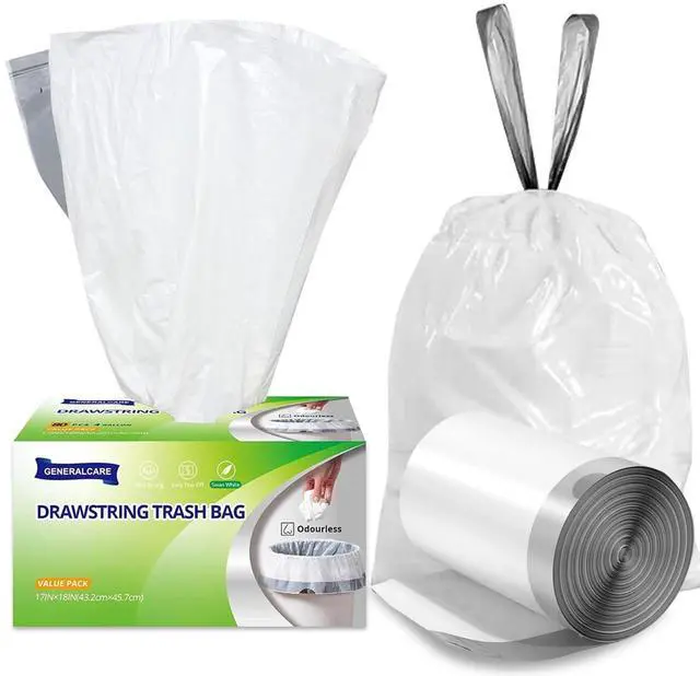 Main image of 4 Gallon Drawstring Trash Bags, 80 Count - Small White Garbage Bags, Extra Strong & Thick, Tear & Leak Proof for Bathroom, Office, Bedroom, Kitchen Desk Bins(4 Gallon, 80 PCS)