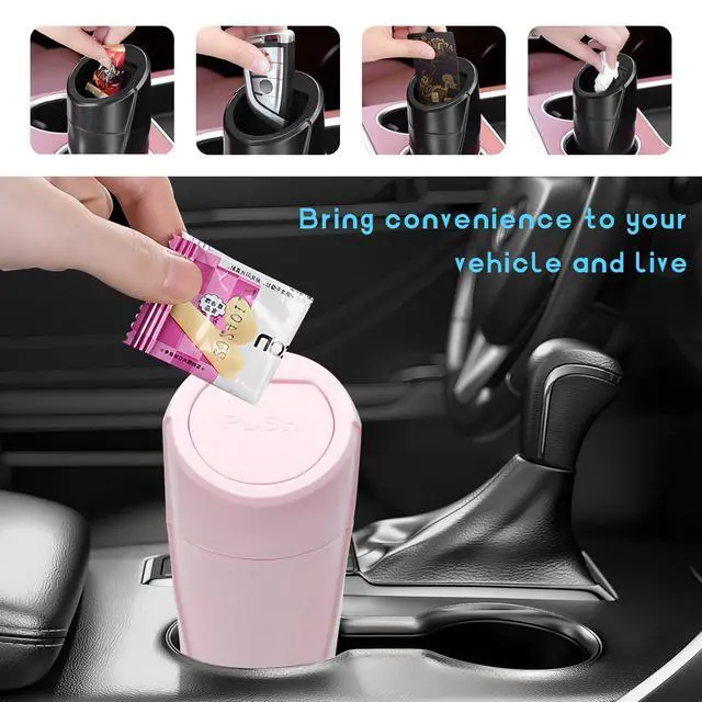 Alt view image 4 of 6 - Car Trash Can Bin with Lid, Leakproof Auto Cup Holder Garbage Bin Multipurpose Storage Organizer, Mini Portable Dustbin Side Door Garbage Can for Vehicle Home Office (Pink)