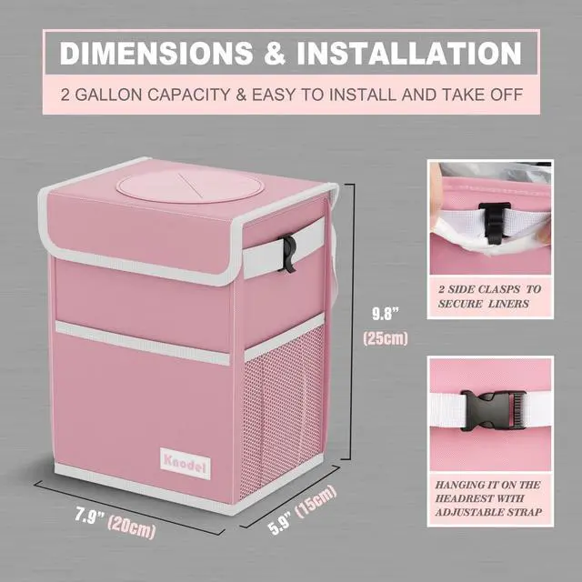 Alt view image 2 of 6 - Car Trash Can with Lid, Car Garbage, Bin and Bag (Pink, Medium)