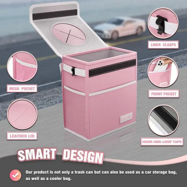 Alt view image 3 of 6 - Car Trash Can with Lid, Car Garbage, Bin and Bag (Pink, Medium)
