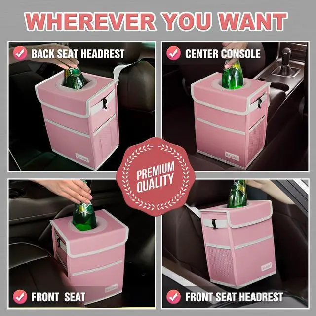 Alt view image 5 of 6 - Car Trash Can with Lid, Car Garbage, Bin and Bag (Pink, Medium)